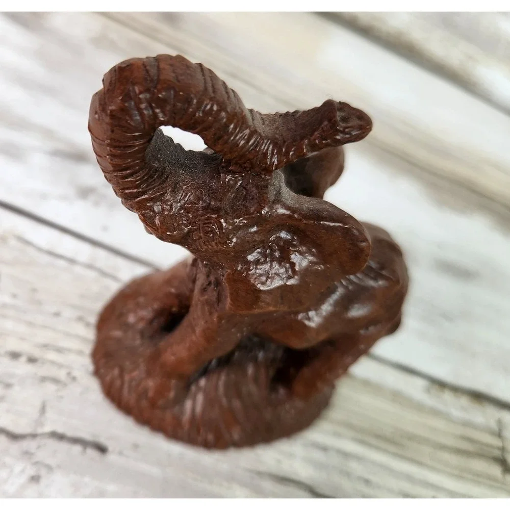 Carved Baby Elephant Raised Trunk‎ Miniature Brown Figurine Statue Safari
